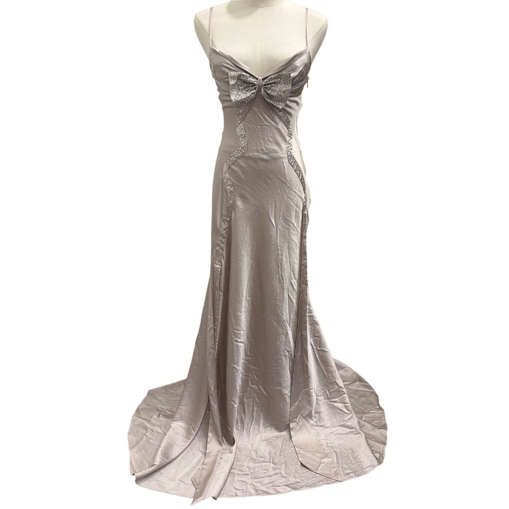 Tara Subkoff for Bebe Platinum‎ Satin Rhinestone Bow Maxi Gown Dress 0 Prom Hoco